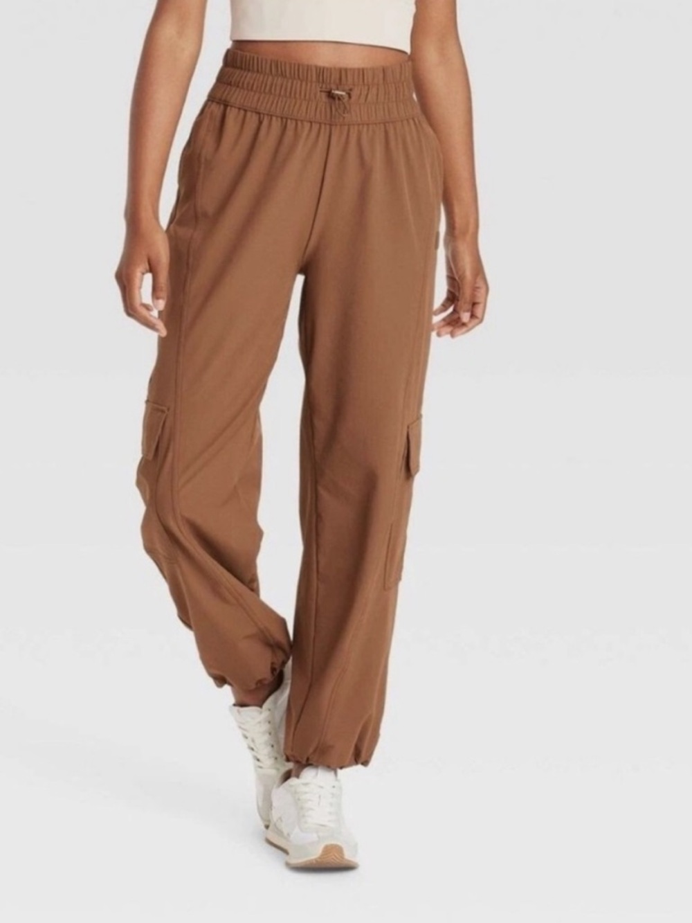 JoyLab Mid Rise Woven Cinched Pants Mocha Brown Cargo jogger active M - Picture 3 of 9